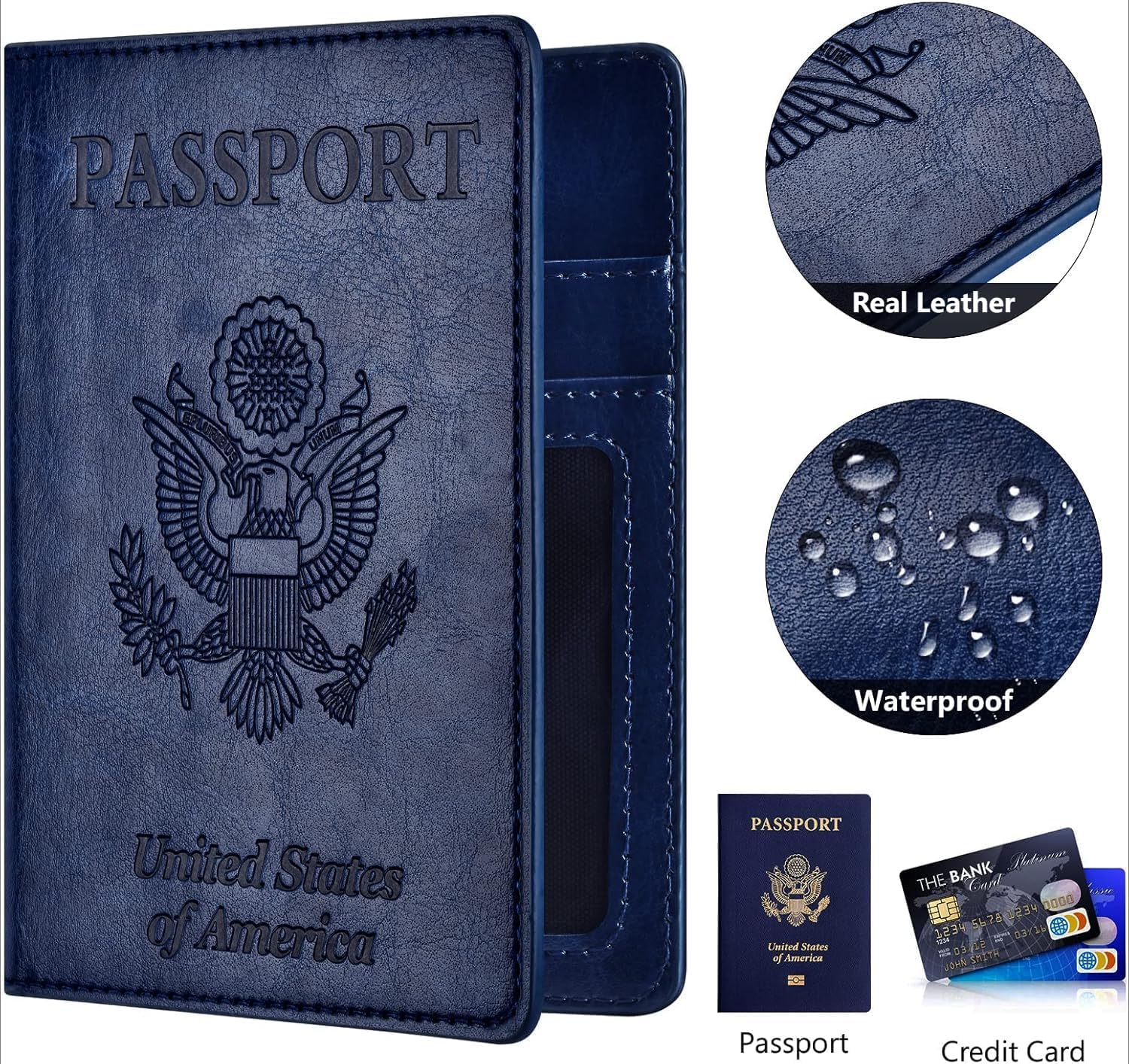 Real Leather Wallet RFID Family Passport Holder Waterproof Travel Black (Blue)