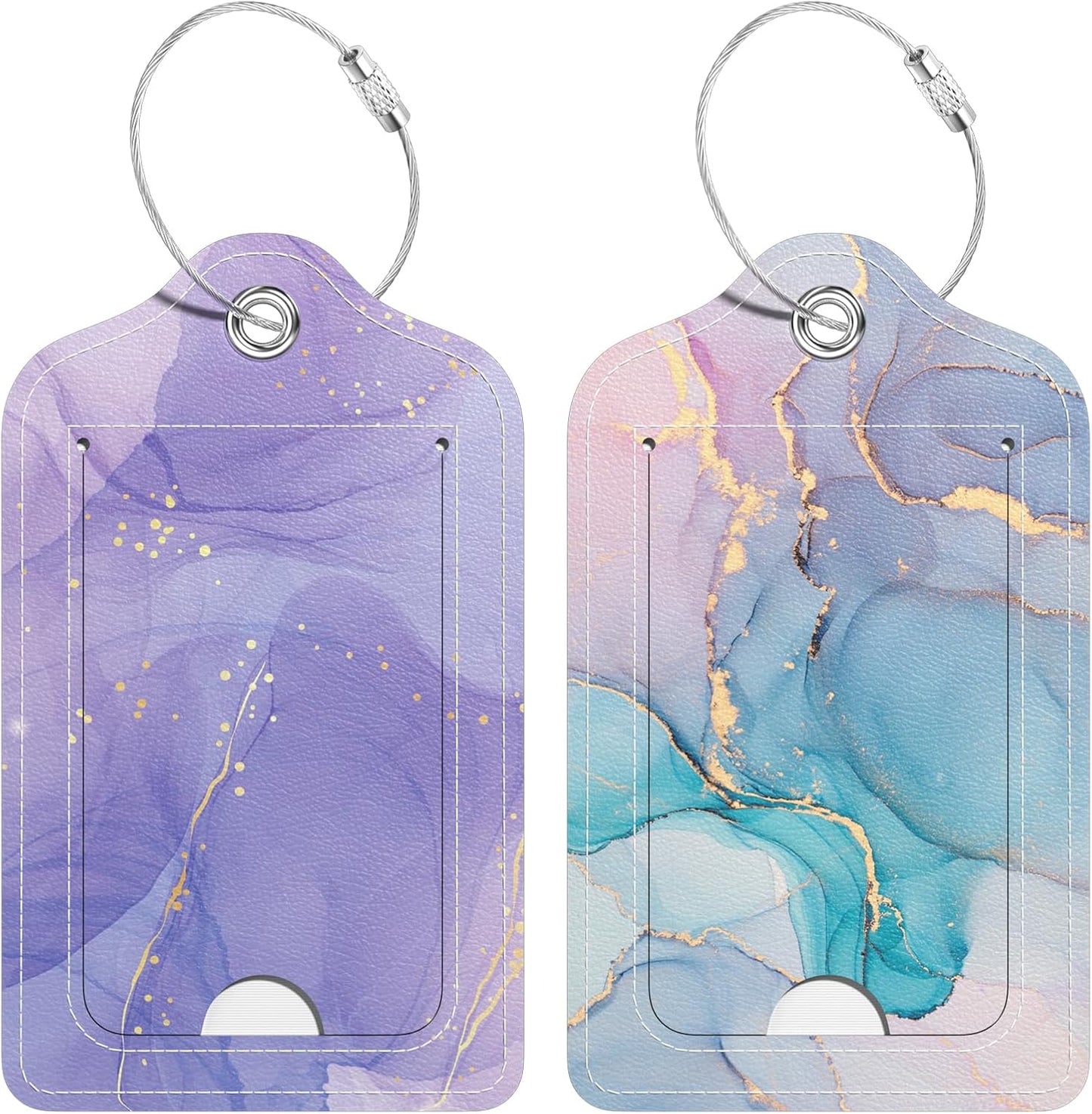 2 Pack PU Leather Luggage Tags for Suitcase, Travel Cruise Luggage Tag with Privacy Flap, Name ID Label and Metal Loop for Women Men Baggage Handbag School Bag Backpack, Colorful Marble