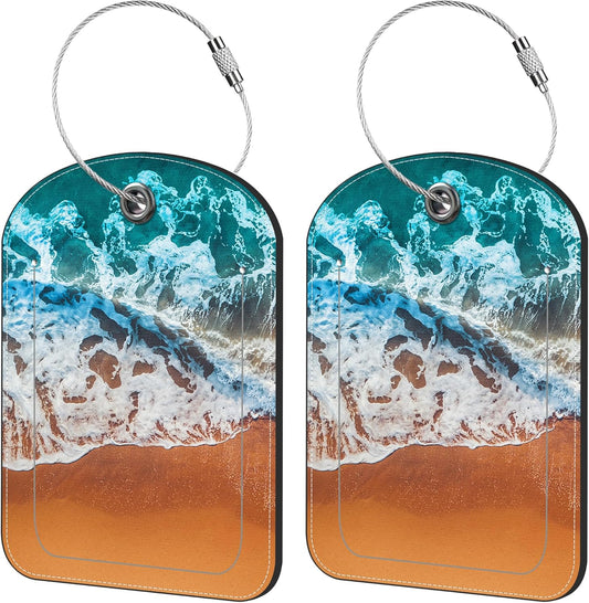 2 Pack Cute Luggage Tag for Suitcases Sandy Beach Wave Leather Luggage Tags with Stainless Steel Loop Privacy Flap Name Tags,Men and Women Travel Bag Suitcase Tags
