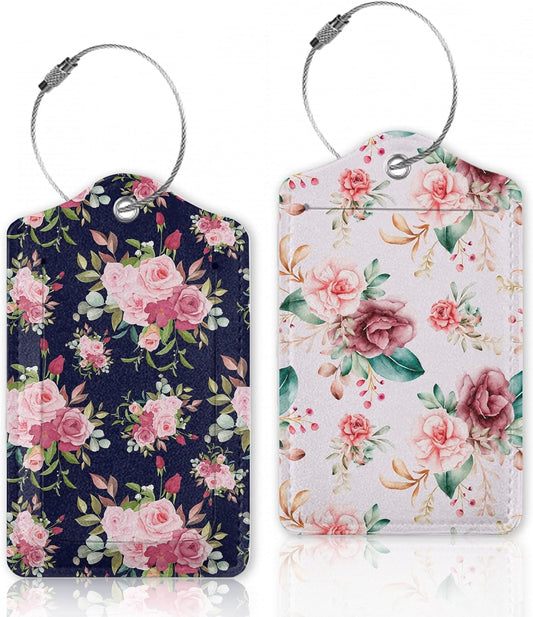 2 Pcs Luggage Tags for Suitcase,Watercolor Roses Flowers Luggage Tag Name Id Labels with Privacy Cover for Travel Backpack Women Men