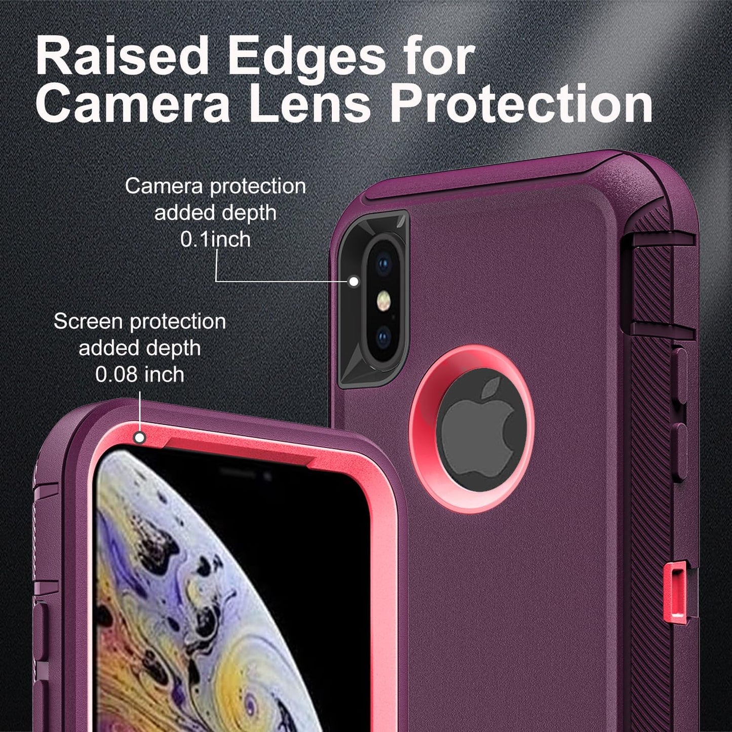for iPhone Xs Max Case, Military Grade 3 in 1 Heavy Duty Shockproof/Drop Proof/Dust Proof Case with 2Pcs Tempered Glass Screen Protector (Purple/Pink)