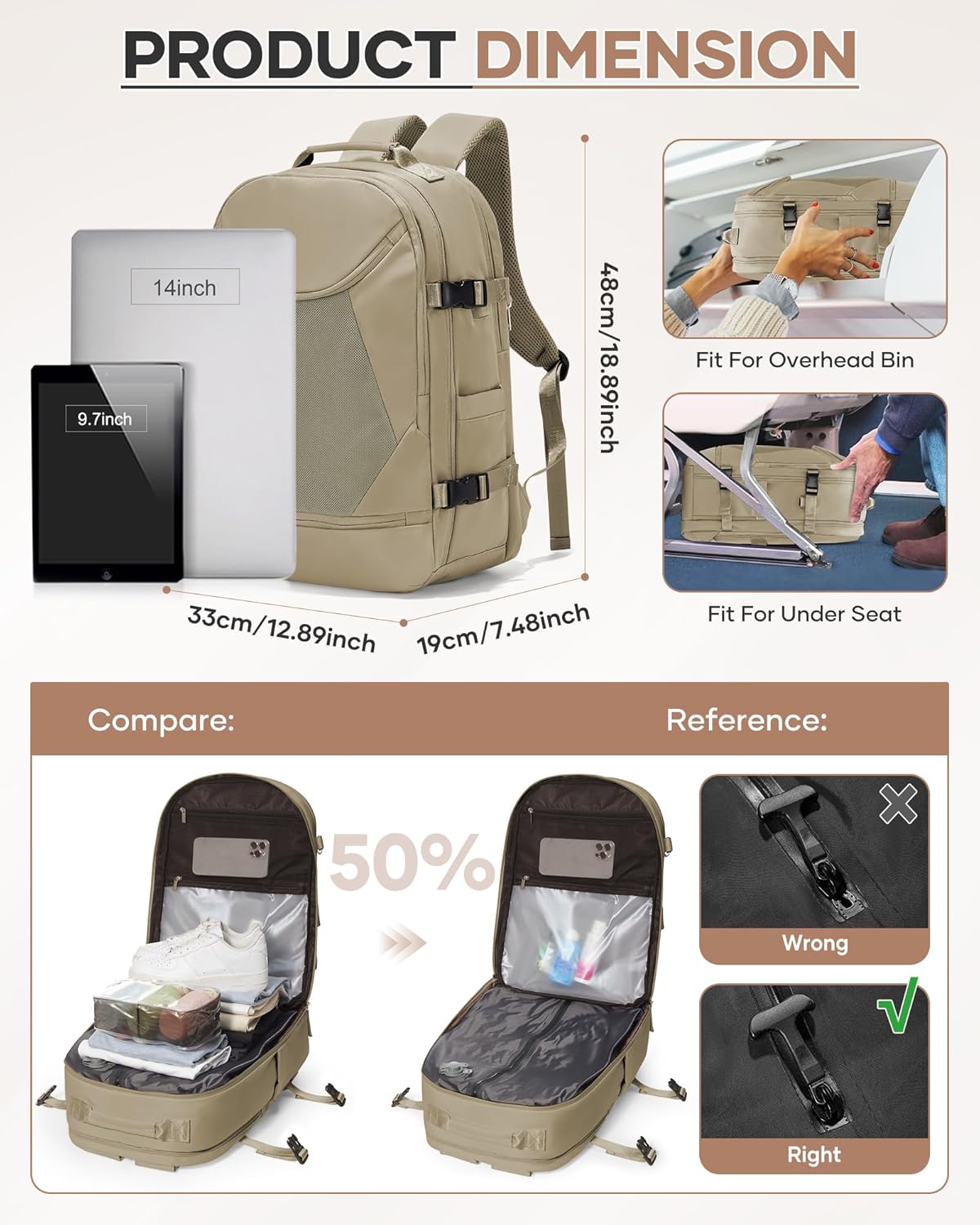 Vacuum Backpack Travel with Pump, Expandable Travel Backpack with Vacuum System, Vacuum Compression Bags Personal Item Carry On Suitcase Luggage Flight Approved Backpacks for Women Men, Brown