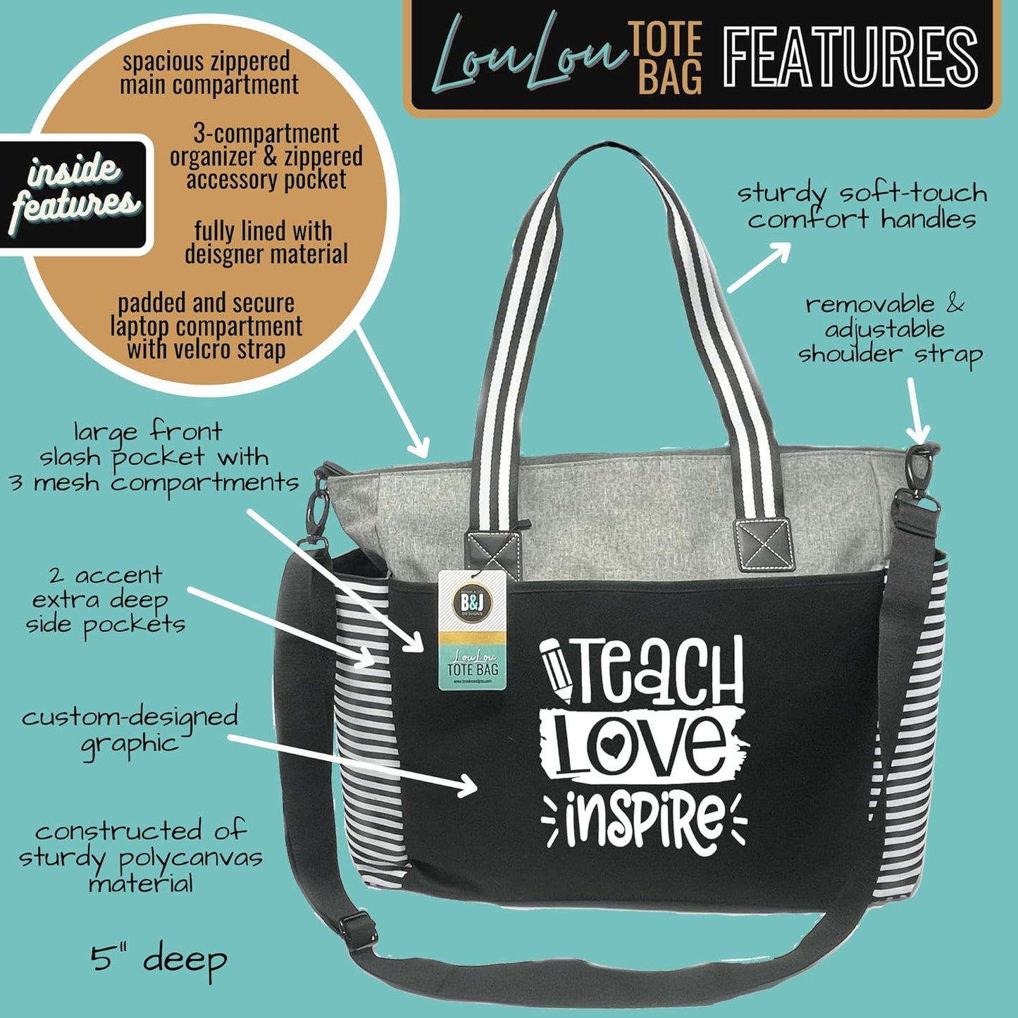 Brooke & Jess Designs Teacher Tote Bag for Work - Teacher Handbag Gifts for Women, Teacher Bag Best Teacher Appreciation Gift