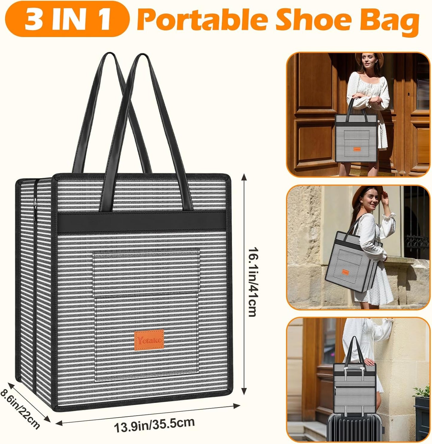 Yotako Shoe Bag for Travel with Leathers Handle-Portable Shoe Organizer with Pockets,3 in 1 Hanging Luggage Shoe Storage Bag,Travel Shoe Bag for Women Men Fit 6 PCS Shoes,Stripe