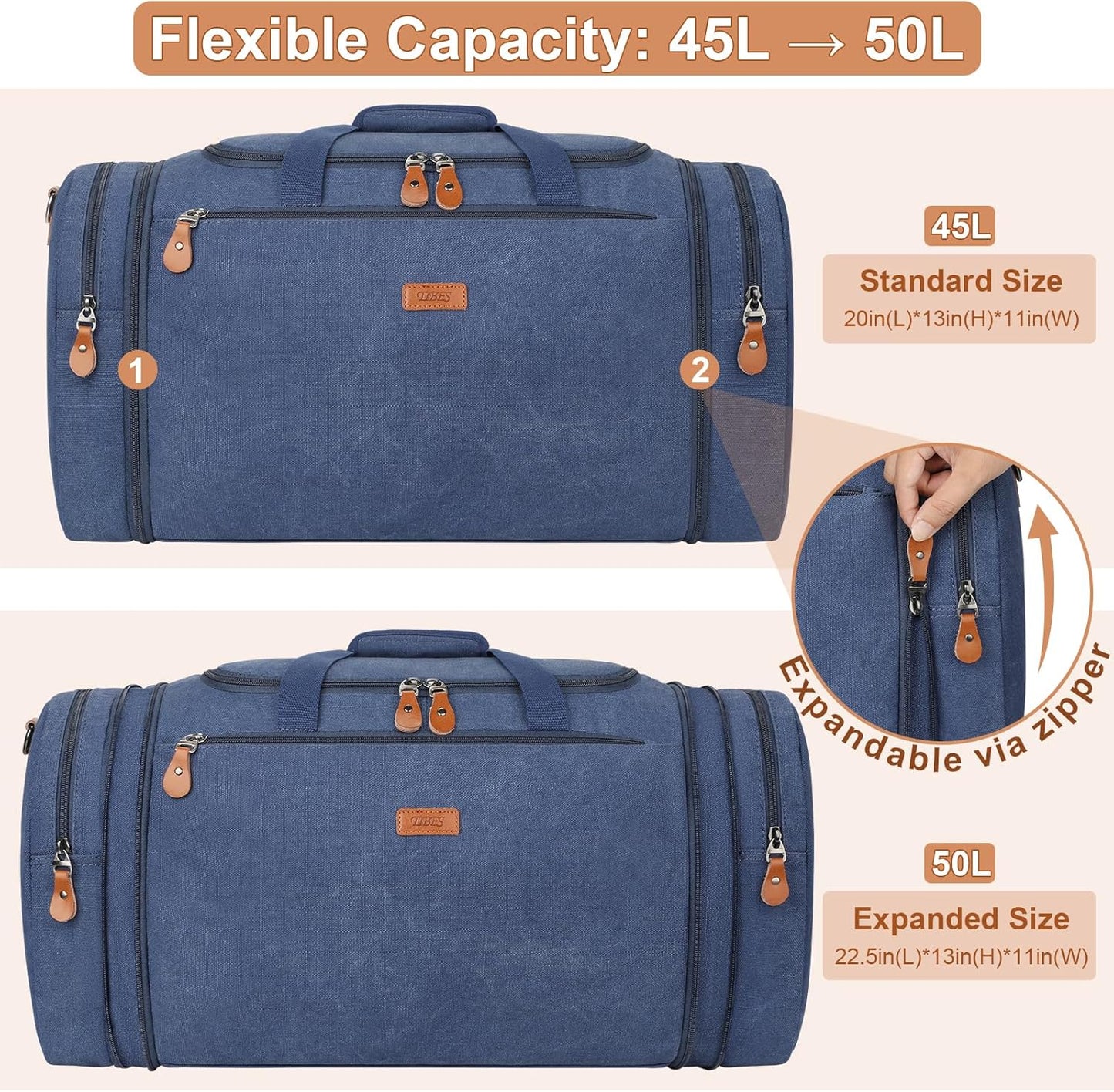 Canvas Mens Duffle Bag for Travel - Expandable 50L Weekender Bags with Toiletry Bag, Overnight Bag Travel Duffel Carry On Luggage with Removable Shoulder Strap, Durable & Water-Resistant