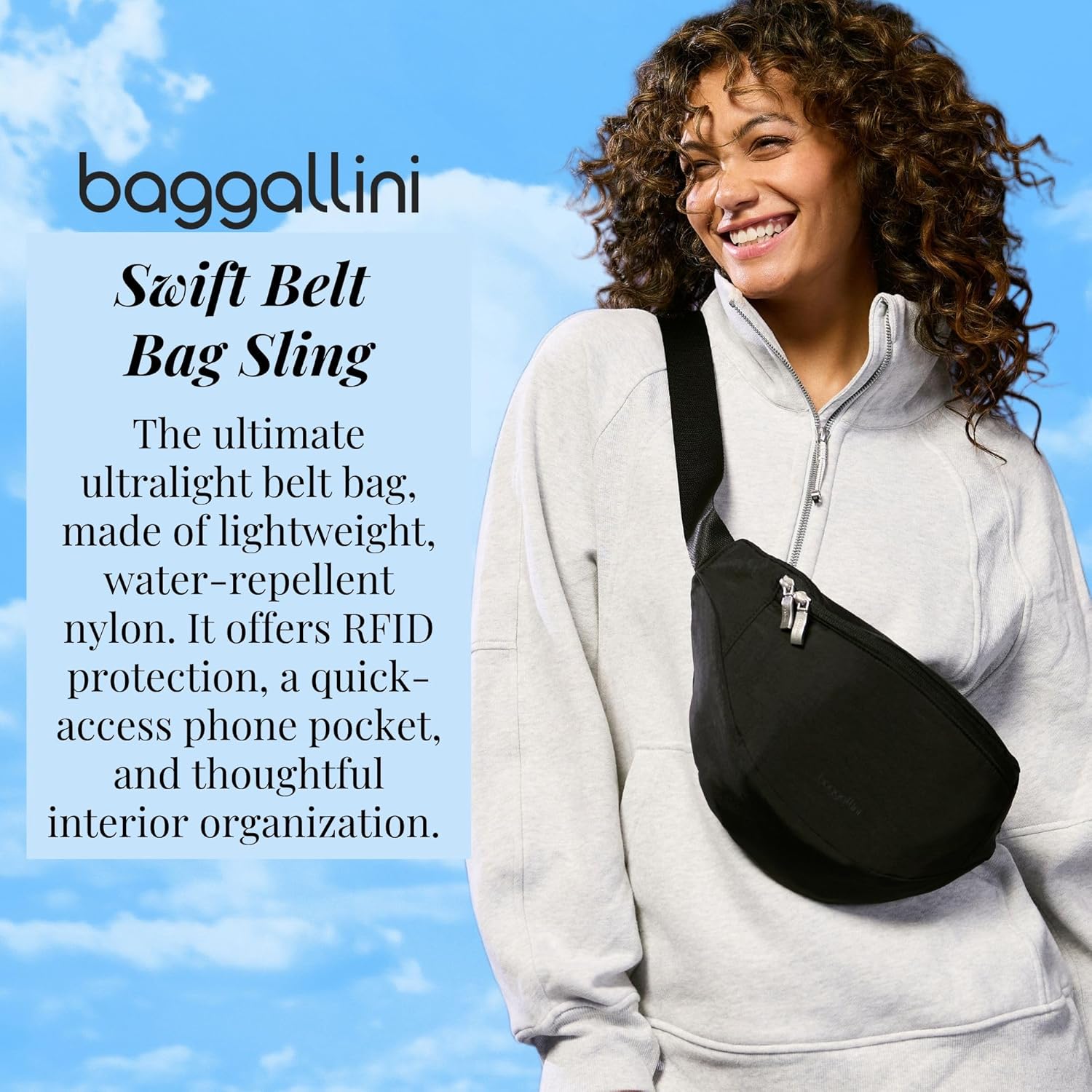 Baggallini Style Swift Belt Bag Sling Bag - Lightweight 12"x7" Crossbody Bag Fanny Pack Belt w/RFID