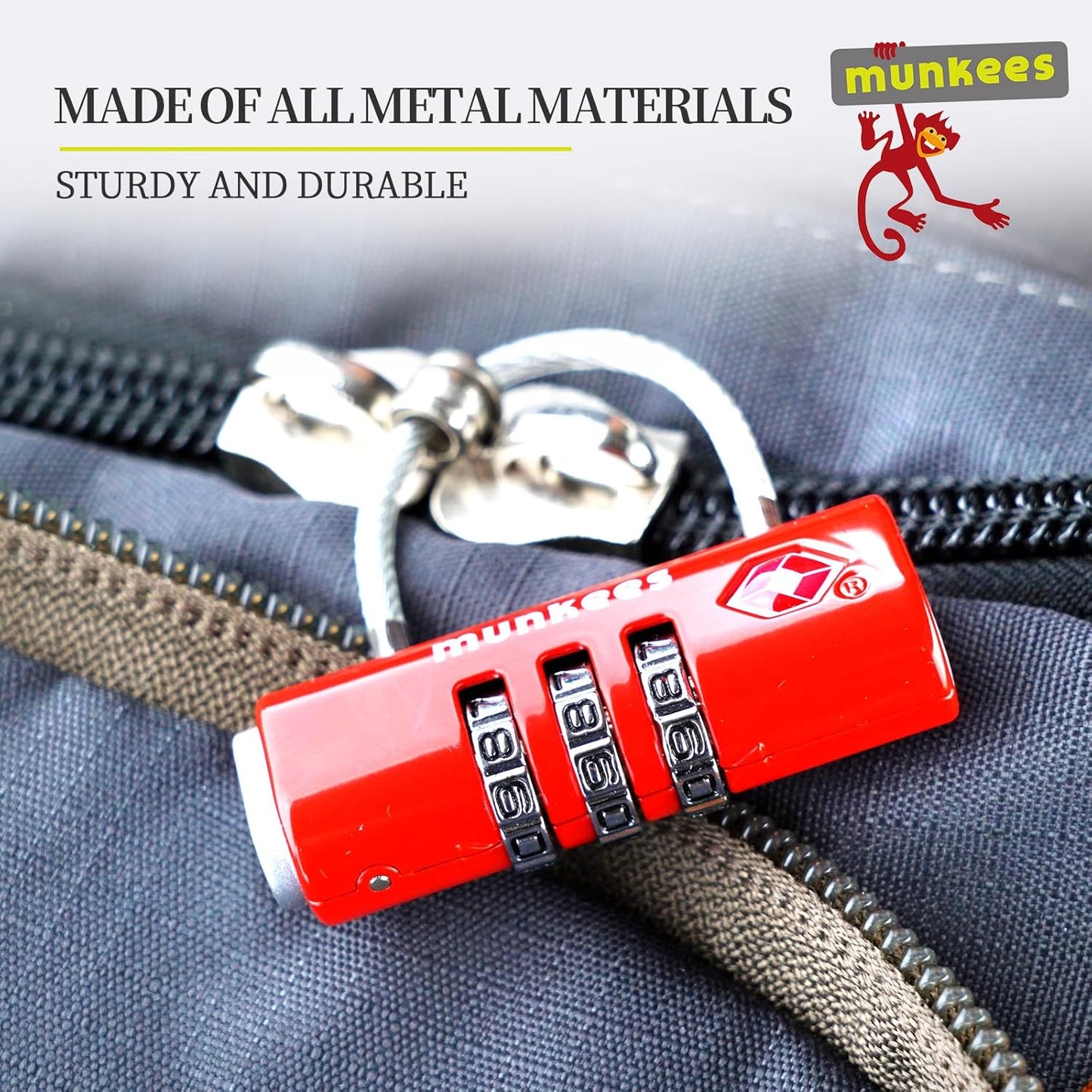 munkees TSA Approved Luggage Lock, 3-Digit Combination, Metal Construction (Red)