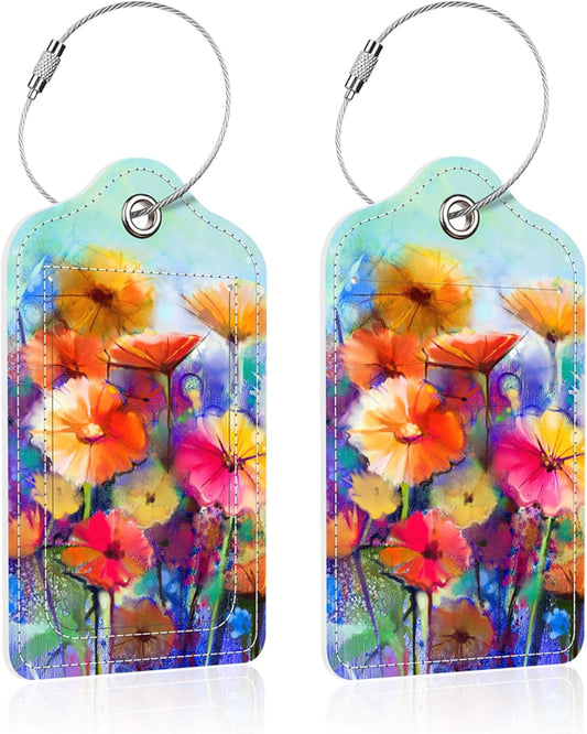 Luggage Tags for Suitcase,2 Pack Watercolor Painting Luggage Tag,PU Leather Id Label Luggage Tags with Stainless Steel Loop and Privacy Cover for Women Men Teens Travel