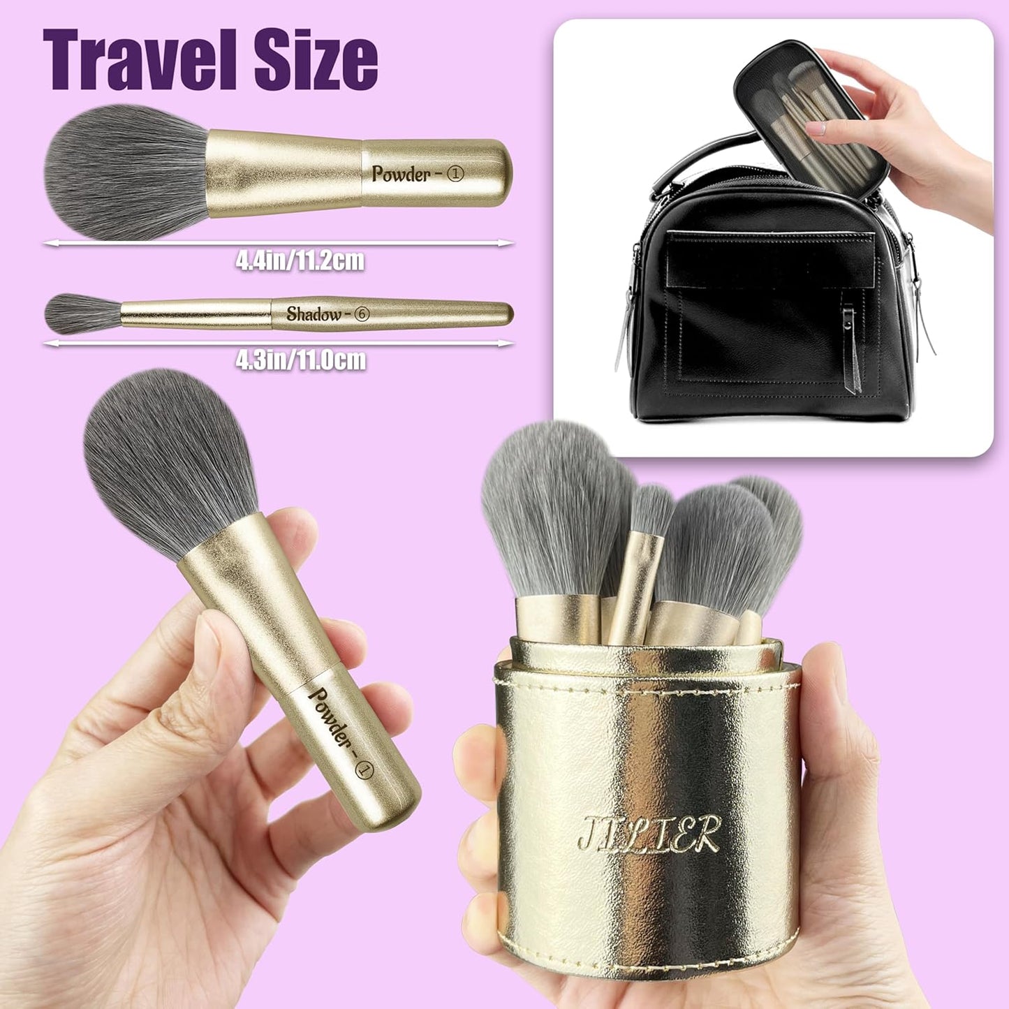 Jilier 14 pcs Mini Makeup Brushes and Pocket Mirror, Travel Makeup Brush Set, LED Compact Mirror