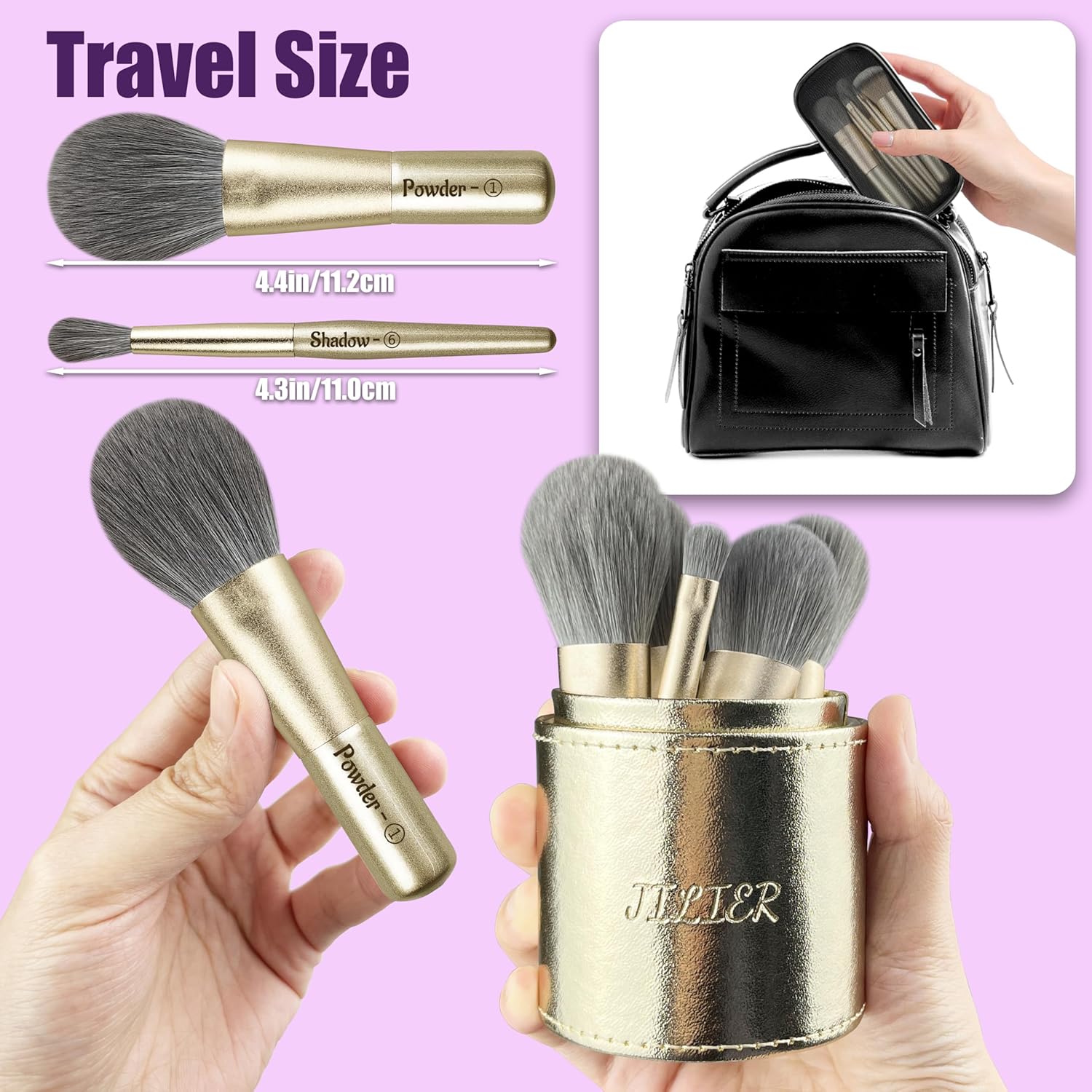 Jilier 14 pcs Mini Makeup Brushes and Pocket Mirror, Travel Makeup Brush Set, LED Compact Mirror