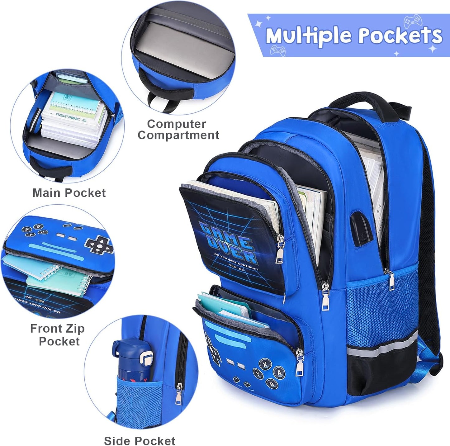 Gamer Backpack for Boys - Cool Luminous School Backpack with Lunch Bag Pencil Case - Kids Boys Backpack Elementary Middle School Book Bags for Teen with USB Charging Port (Blue