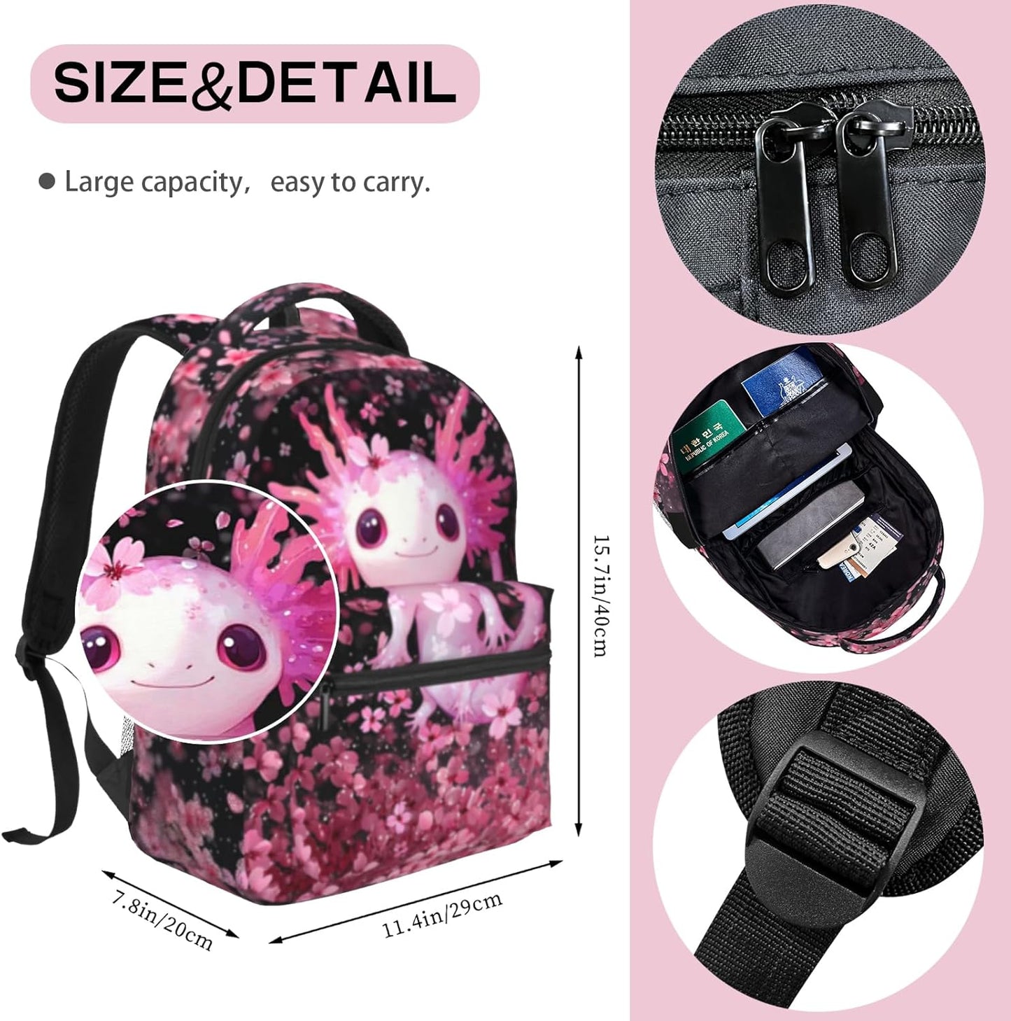 Axolotls Backpack for Girls Cute Axolotls School Backpack For Kids Lightweight Adjustable Elementary Middle School Students Bookbag Travel Back Pack for Children Teens Age 6-18