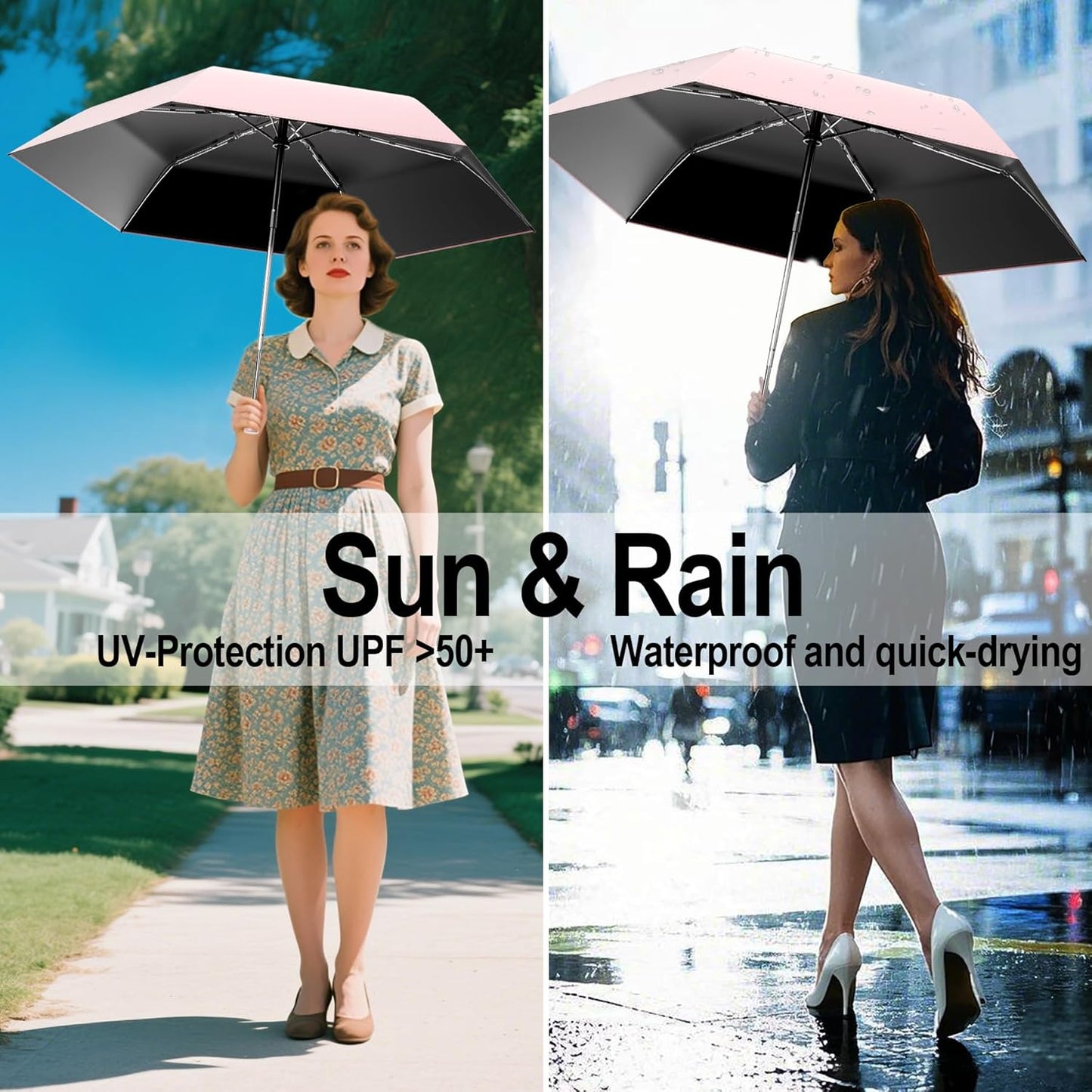 Automatic Mini Travel Windproof Folding Umbrella - UV Protection, Instant Open/Close for Rain/Sun, Small Compact Lightweight Design Fits in Tote Bag/Travel Case/Backpack for Commute, Women & Men