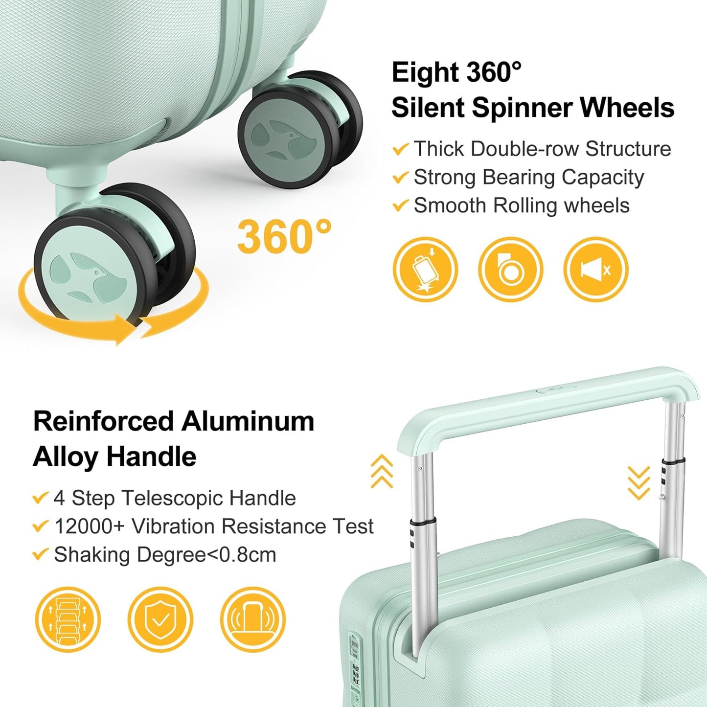 MGB Carry On Luggage Airline Approved 20'' Lightweight Luggage Wide Handle PC Hardshell Suitcases with Spinner Wheels & TSA Lock, Aquamarine