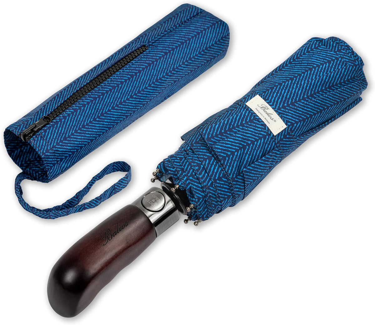 Balios Travel Folding Umbrella with Real Wood Handle Auto Open Close Vented Windproof Canopy
