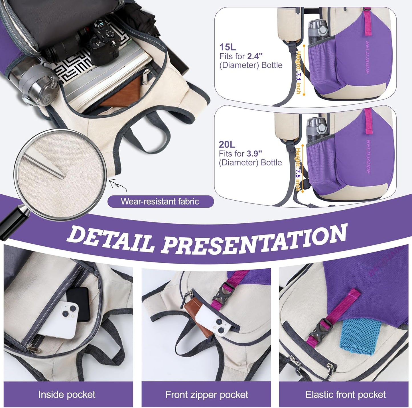 20L Small Hiking Backpack for Men Women Foldable Packable Back Pack Ultralight Hiking Daypack for Travel Camping Outdoor, Beige Purple