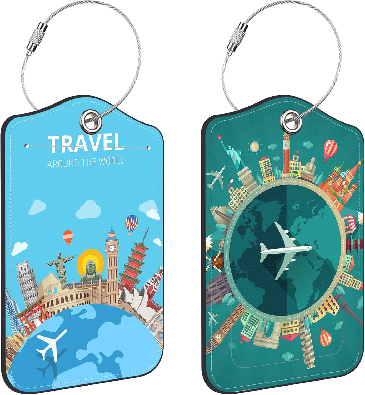 2 Pcs Luggage Tags for Suitcases, Travel Around The World Leather Bag Tags for Luggage Privacy Cover Name ID Label with Stainless Steel Loop Cruise Airport Travel Essentials