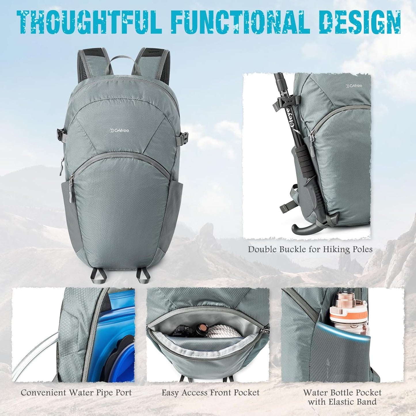 G4Free Hiking Backpack with Thickened Back Panel Packable 25L Lightweight Foldable Travel Daypack