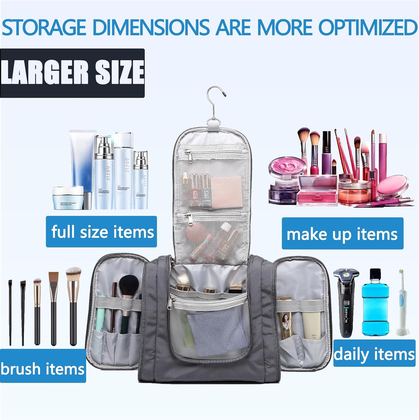Hanging Toiletry Bag for Men, Travel Makeup with Metal Swivel Hook, Organizer for Full Sized Cosmetics and Toiletries, Water-Resistant Nylon, Grey