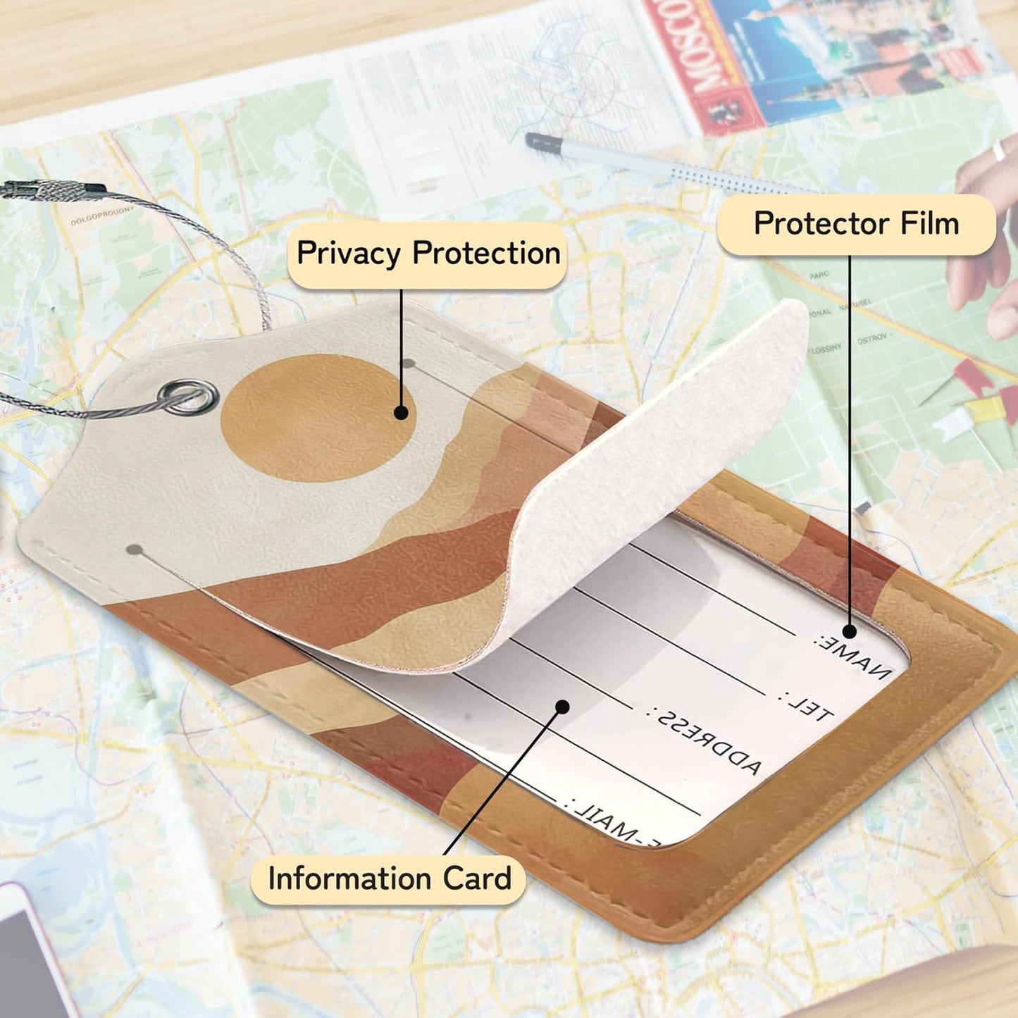 3 Pack Abstract Landscape Luggage Tags for Suitcases, Boho Sun Mountains Cute Leather Name Tag with Privacy Cover with Stainless Steel Loops, Travel ID Bag Tags for Women Men