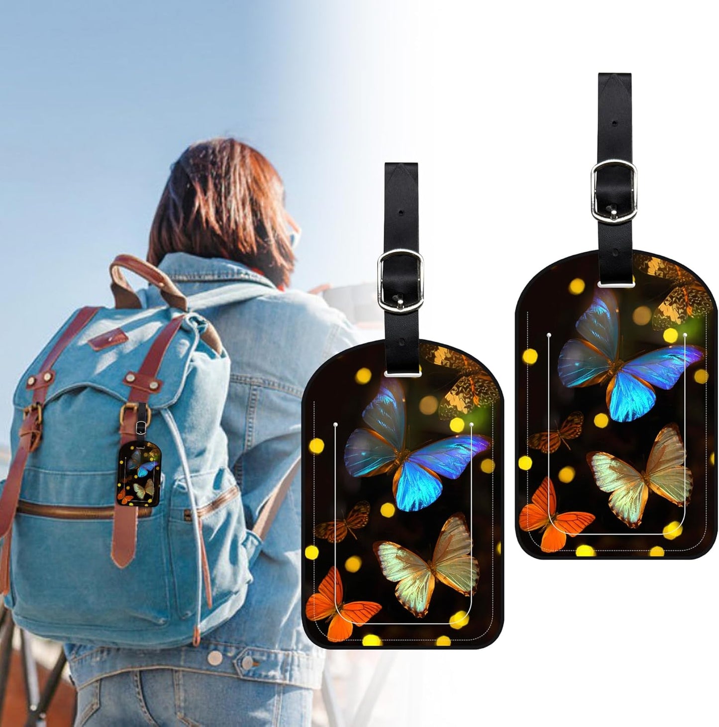 2 Pack Luggage Tags Tropical Butterflies PU Leather Baggage Handbag Suitcase Tags with Secure Strap Privacy Cover ID Labels,Business Travel Baggage Tag Identifier