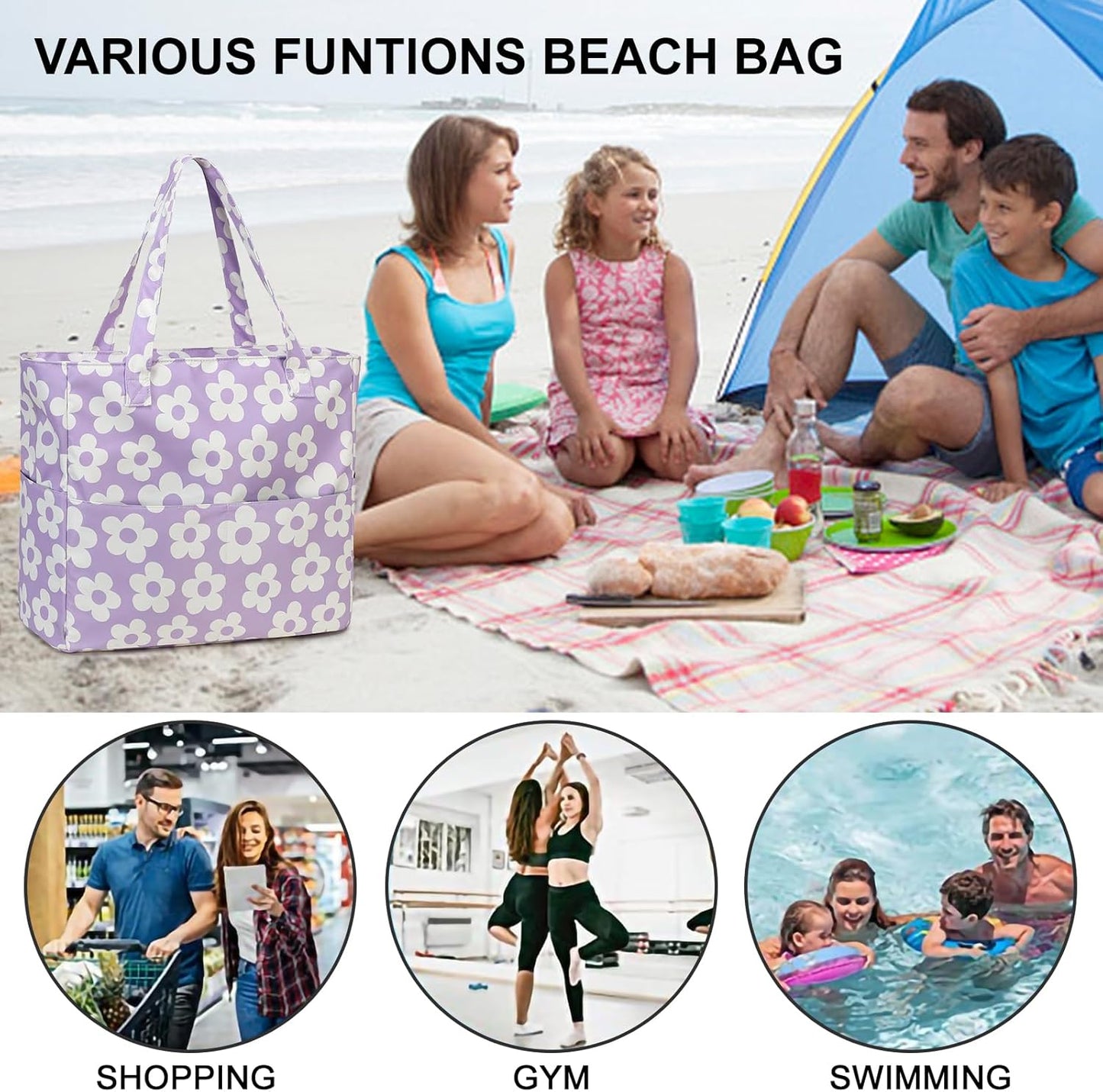 Bluboon Waterproof Beach Tote Pool Bags for Women Ladies Extra Large Carry On Bag With Wet Compartment for Weekender Travel