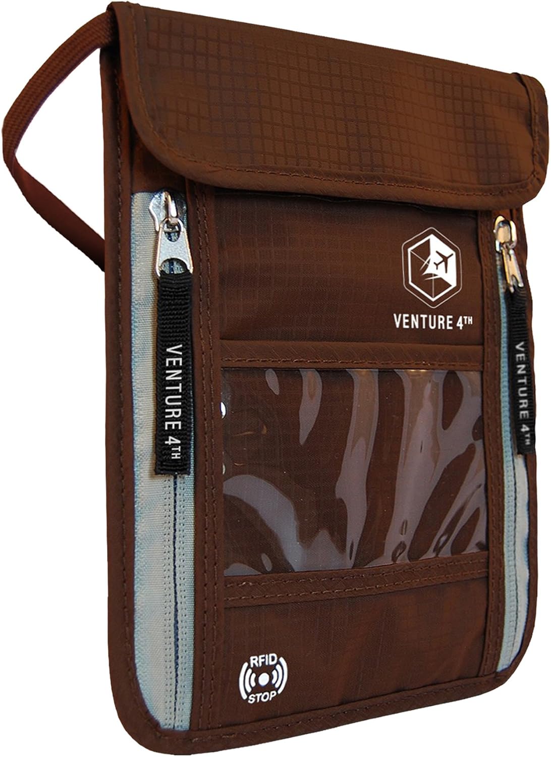 VENTURE 4TH Neck Wallet, RFID Blocking Passport Holder for Travel – Hidden Neck Pouch with 6 Compartments, Slim Lightweight Organizer with Adjustable Strap for Cash, Cards & Passport (Brown)