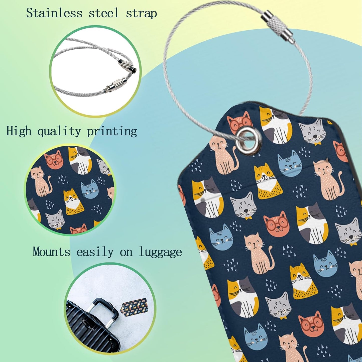 Cute Cat Luggage Tags for Suitcase,2 Pack Luggage Tag Animal Prints Leather Privacy Cover ID Label with Stainless Steel Loop for Women Men Kids Girls Travel