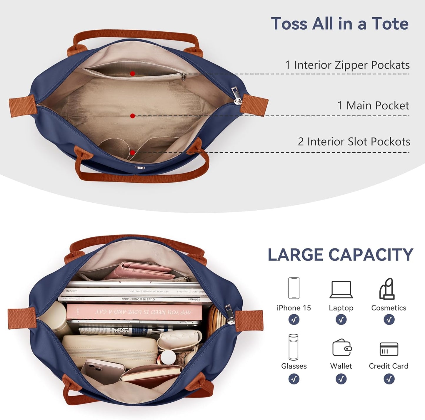 Nylon Tote Bag Women Zipper Shoulder Purse Large Hobo Top Handle Foldable Handbags for Work Travel Shopping