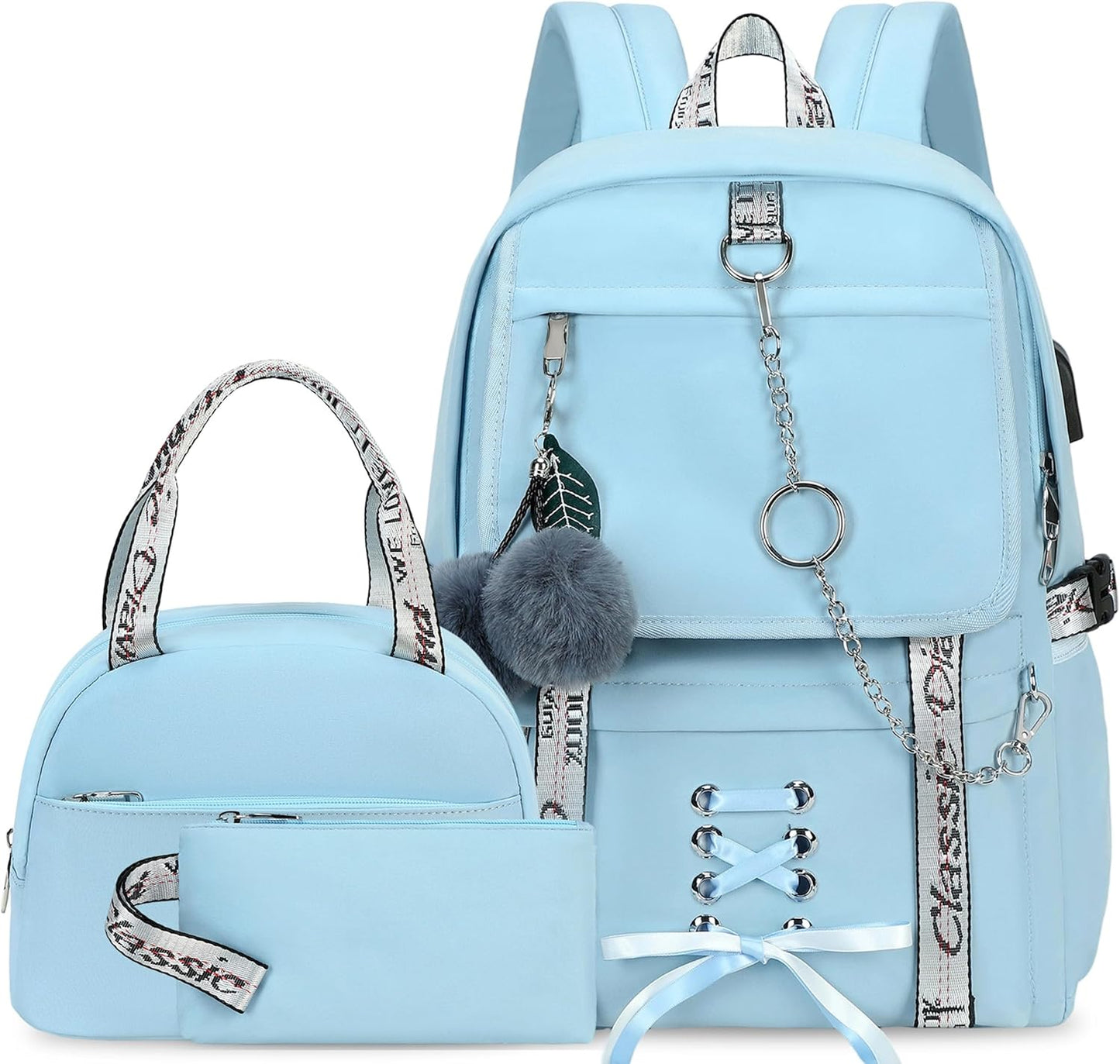 School Backpacks for Girls Backpack with Lunch Box Cute Kids Backpack for School Girls Teens Bookbag Set (Blue)