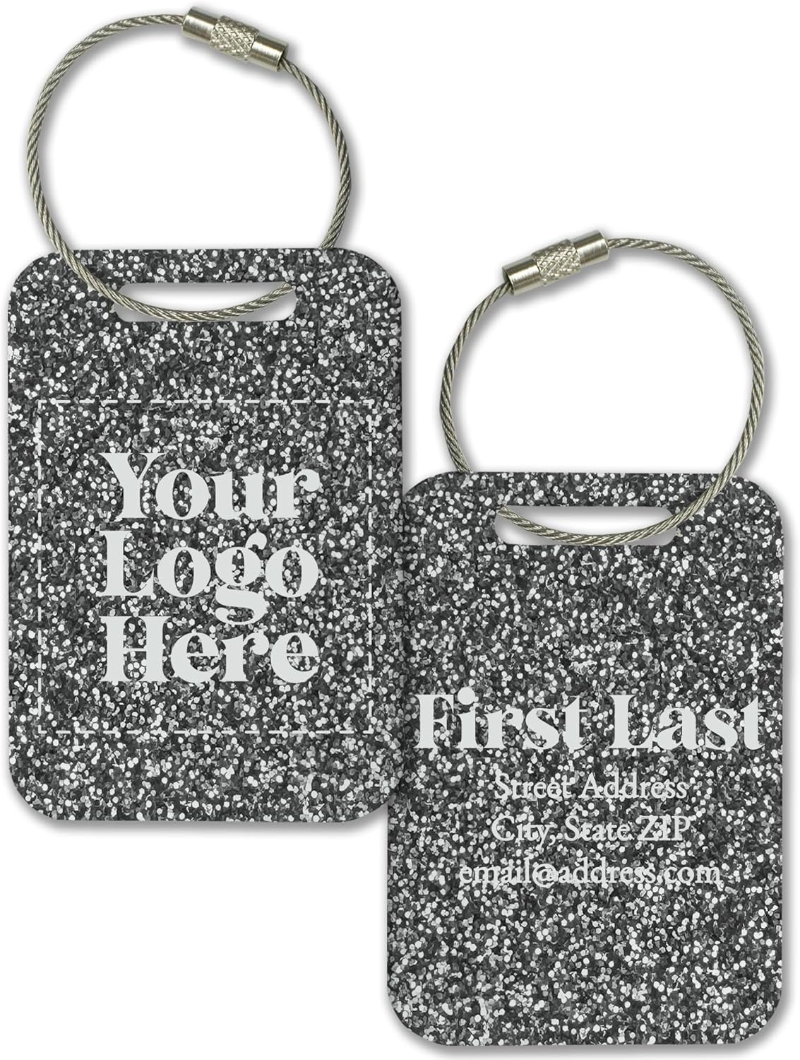 Personalized Logo Name Tag for Luggage (3 or 6 Count Pack) | Custom Tag for Suitcase | Acrylic Name Tag for Travel | Choose Your Font & Color | Backpack ID Label (Logo, Silver Glitter)