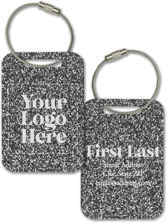 Personalized Logo Name Tag for Luggage (3 or 6 Count Pack) | Custom Tag for Suitcase | Acrylic Name Tag for Travel | Choose Your Font & Color | Backpack ID Label (Logo, Silver Glitter)