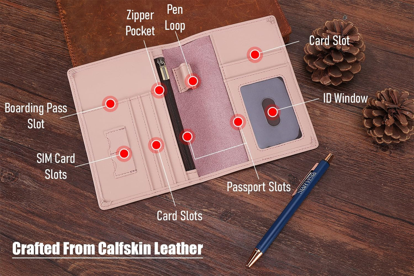 STAR VISTA Phoenix Leather Passport Holder, Calfskin Travel Wallet - RFID Blocking, ID Window, Zipper Pocket, Pen & Notebook Included, Pale Pink