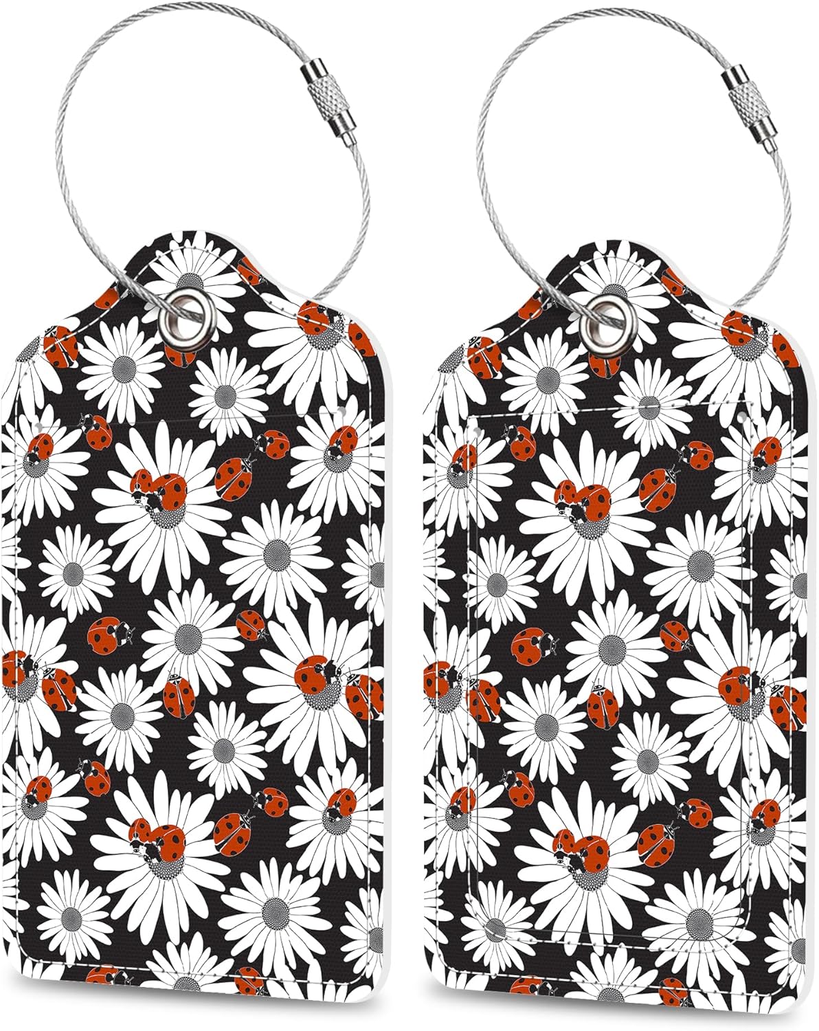 Chamomile and Ladybugs Luggage Tags 2PCS PU Leather Suitcases Tag with Stainless Steel Loop and Privacy Name Address Cover Label Card for Women Men Travel
