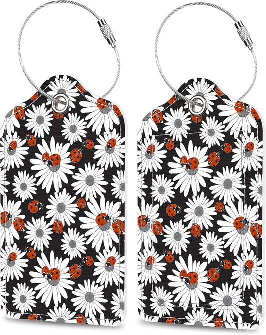 Chamomile and Ladybugs Luggage Tags 2PCS PU Leather Suitcases Tag with Stainless Steel Loop and Privacy Name Address Cover Label Card for Women Men Travel