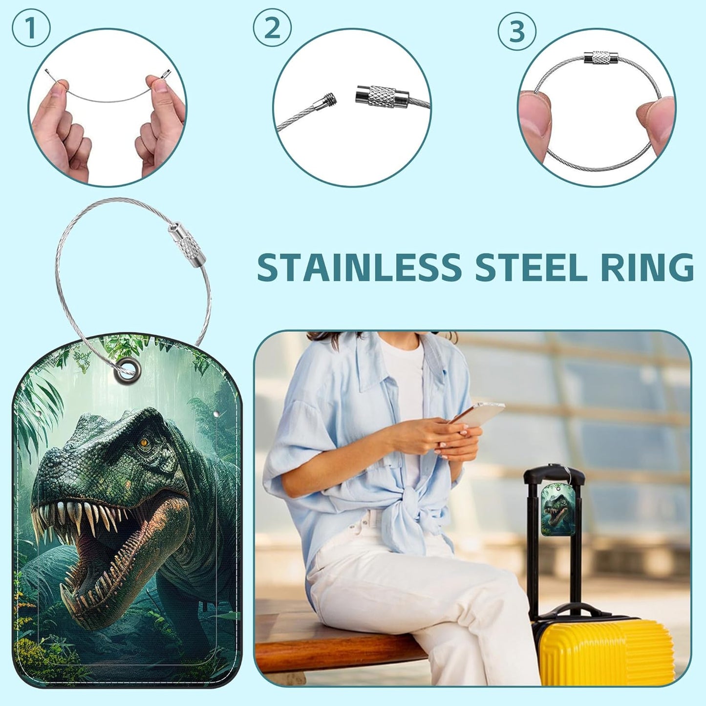 2 Pack Cute Luggage Tag for Suitcases Dinosaur in The Forest Leather Luggage Tags with Stainless Steel Loop Privacy Flap Name Tags,Men and Women Travel Bag Suitcase Tags