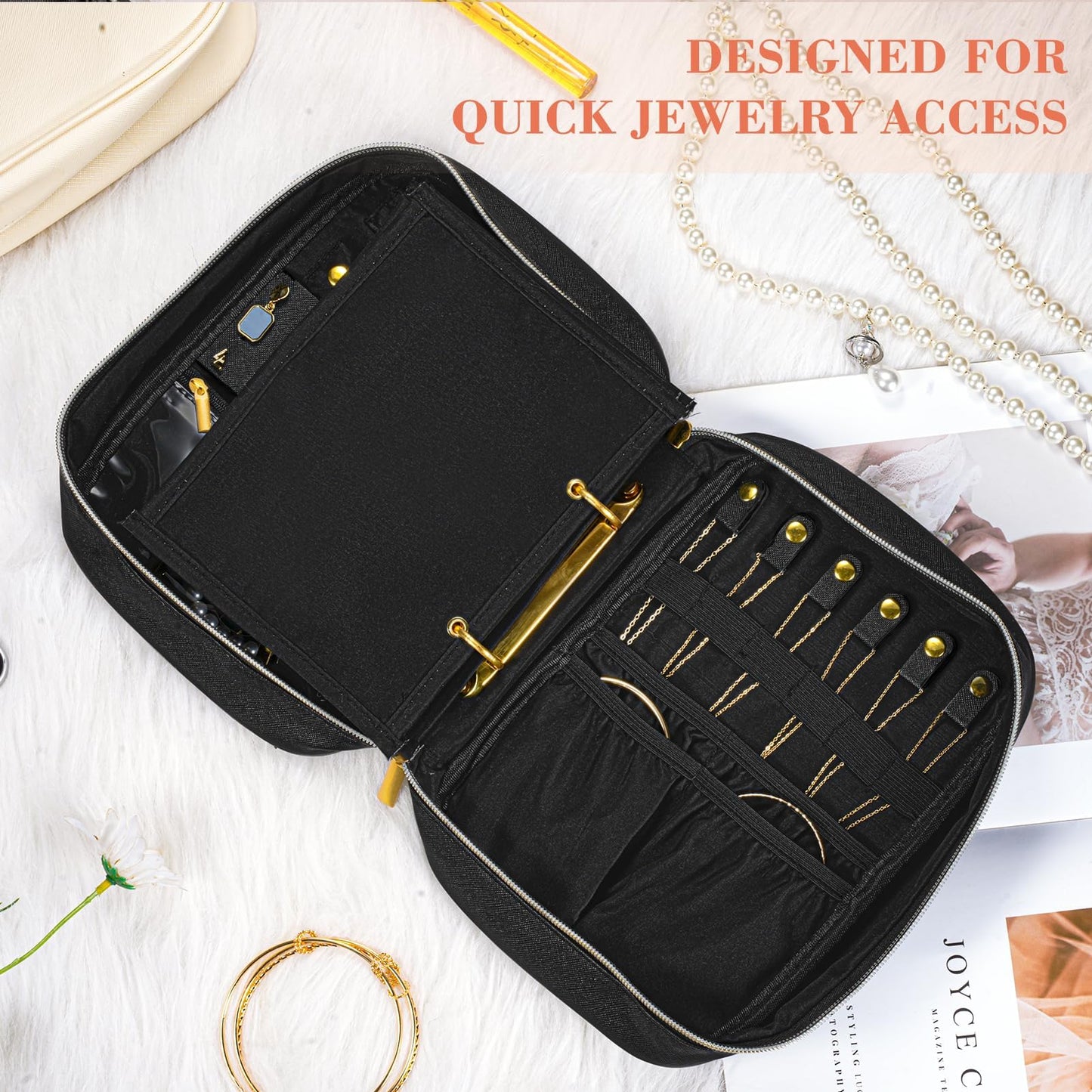 Travel Jewelry Organizer for Women, Detachable Pouches, Tangle-Free, Black