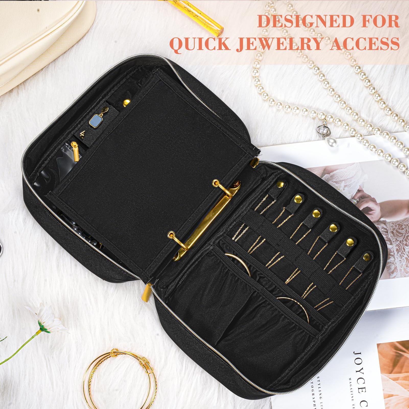 Travel Jewelry Organizer for Women, Detachable Pouches, Tangle-Free, Black