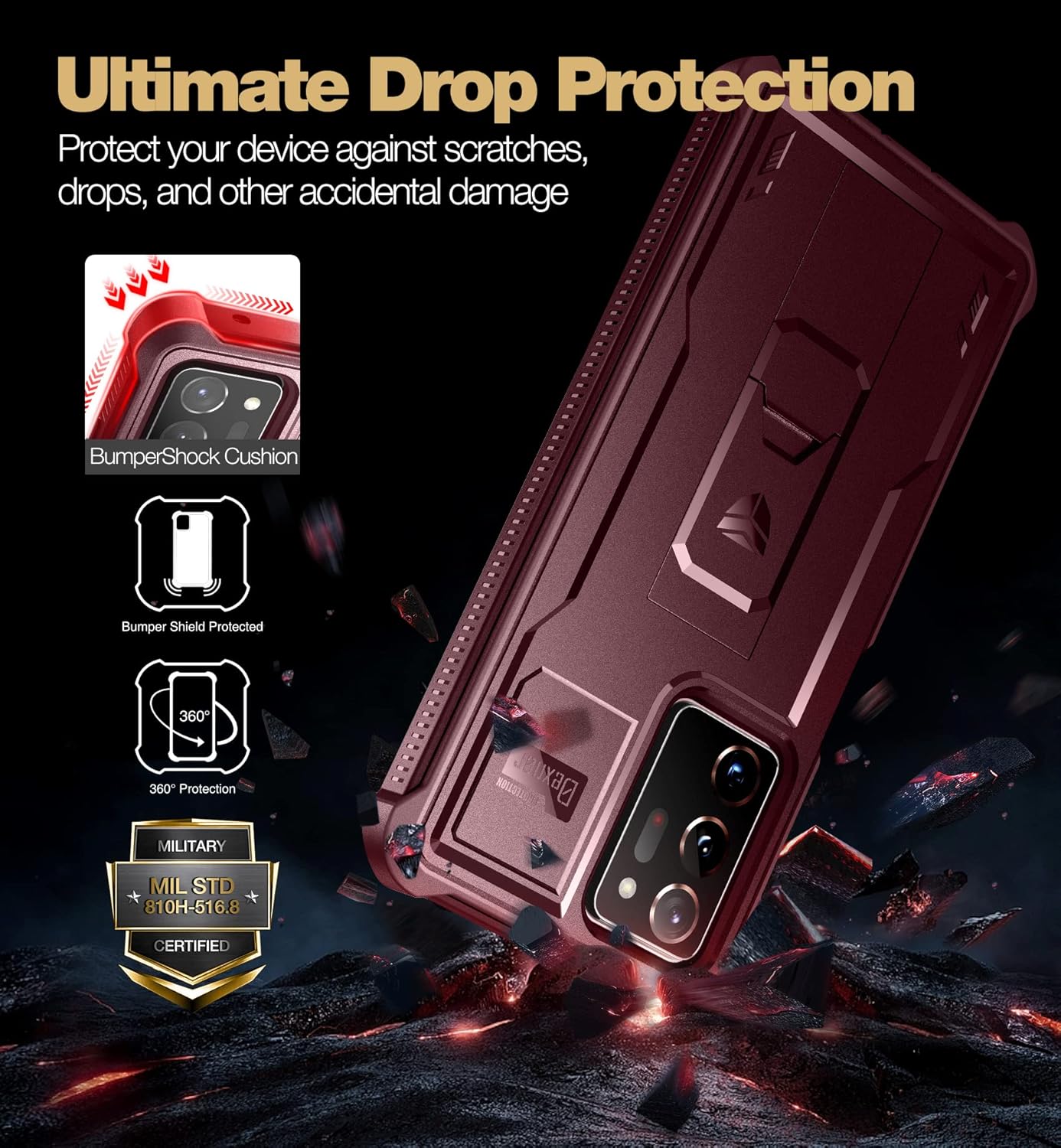Dexnor for Samsung Galaxy Note 20 Ultra 5G Case, [Built in Screen Protector and Kickstand] Heavy Duty Military Grade Protection Shockproof Protective Cover for Samsung Galaxy Note 20 Ultra, Maroon Red