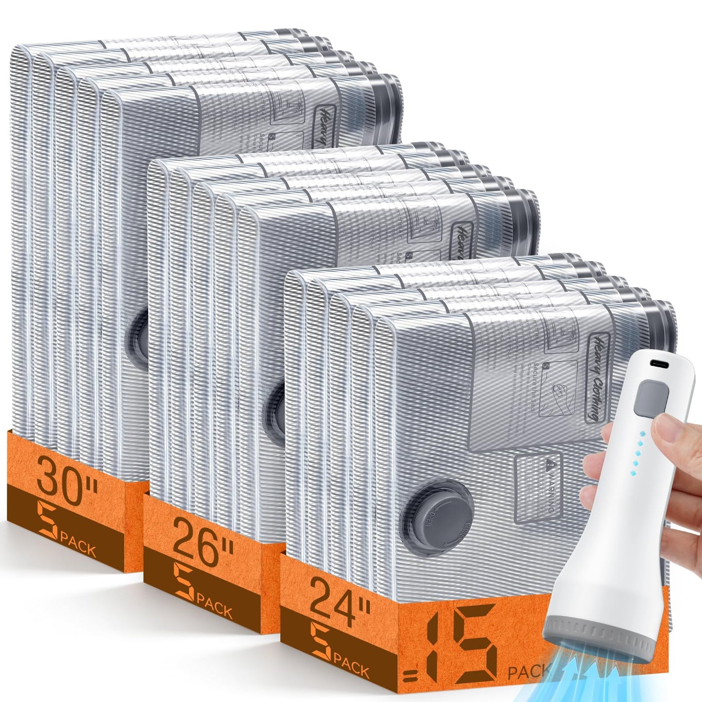 15 Pack Vacuum Storage Bags for Travel with Cordless Pump, Space Saver Bags for Clothes