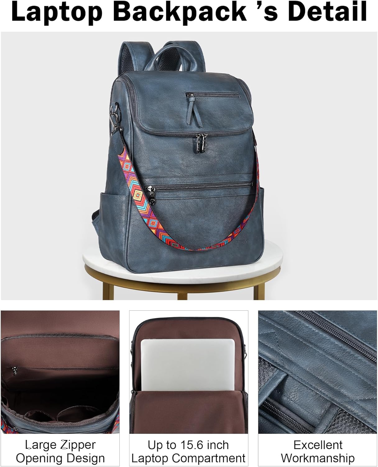 FADEON Laptop Backpack for Women Leather Travel Backpack with Laptop Compartment, Designer PU Shoulder Laptop Bag Blue