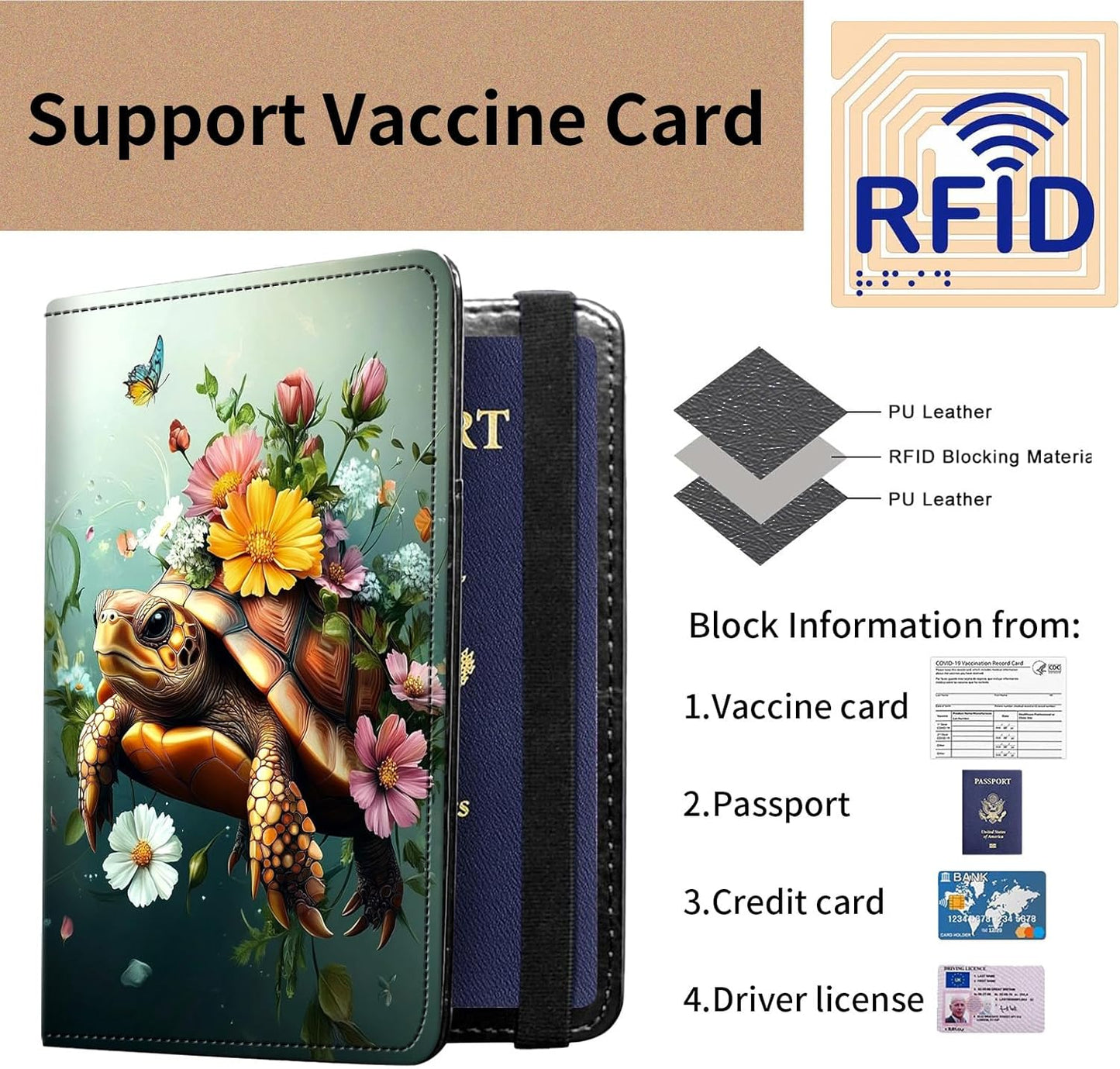 Passport and Vaccine Card Holder Cover Combo,Travel Passport Holder Wallet with RFID Blocking, Leather Vaccine Card Slot Passport Cover Case for Women & Men,Cute Turtle with Flowers