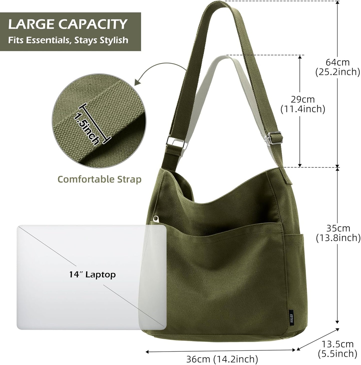 KALIDI Canvas Tote Bag Large Hobo Crossbody Shoulder Handbag Zipper Messenger Bag for Women or Men