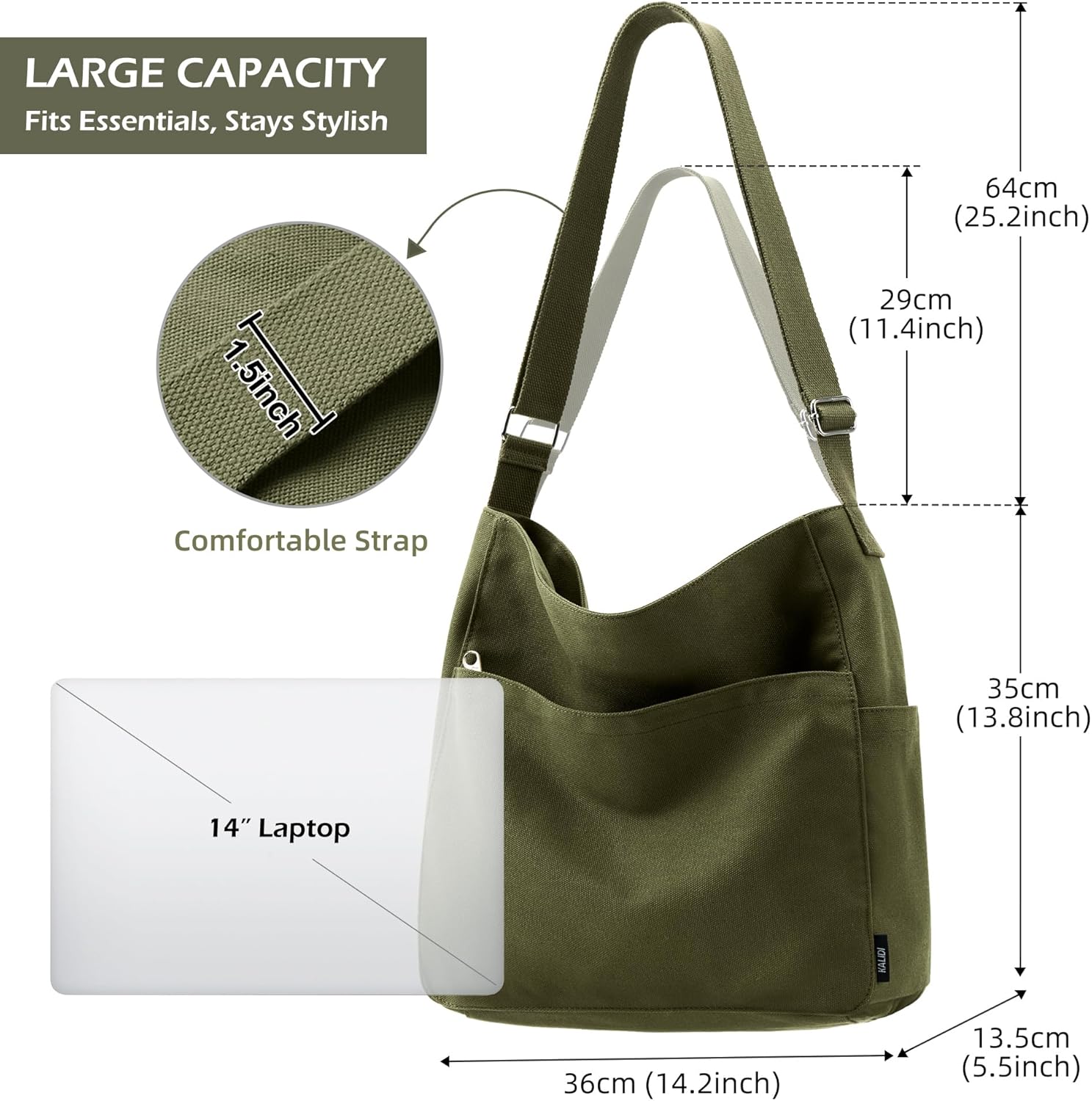 KALIDI Canvas Tote Bag Large Hobo Crossbody Shoulder Handbag Zipper Messenger Bag for Women or Men