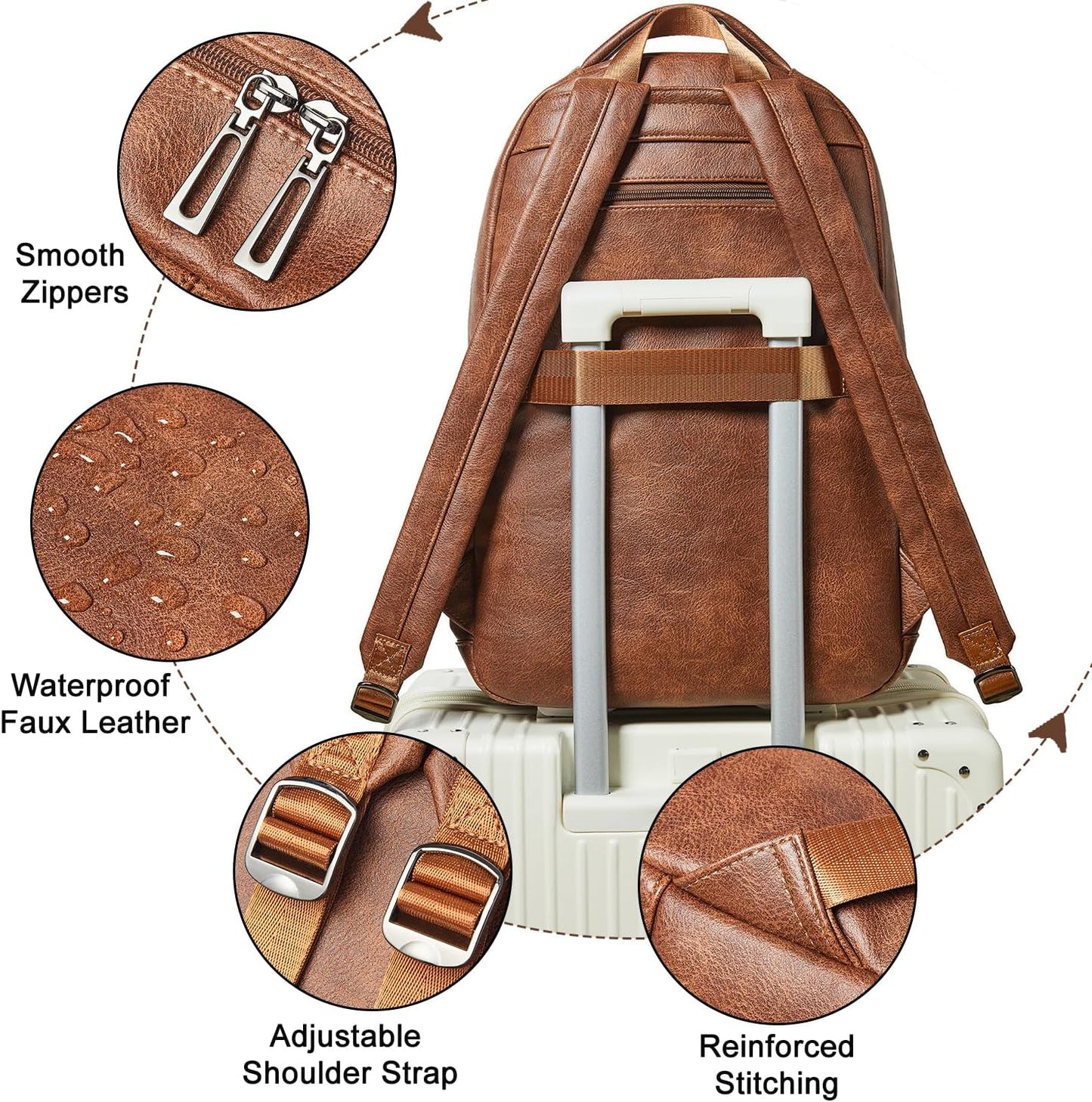 43L Backpack Purse For Women Leather Shoulder Diaper Bookbag Tote 17 16 15.6 Inch Laptop Bag Handbags For Travel Work College Large Brown