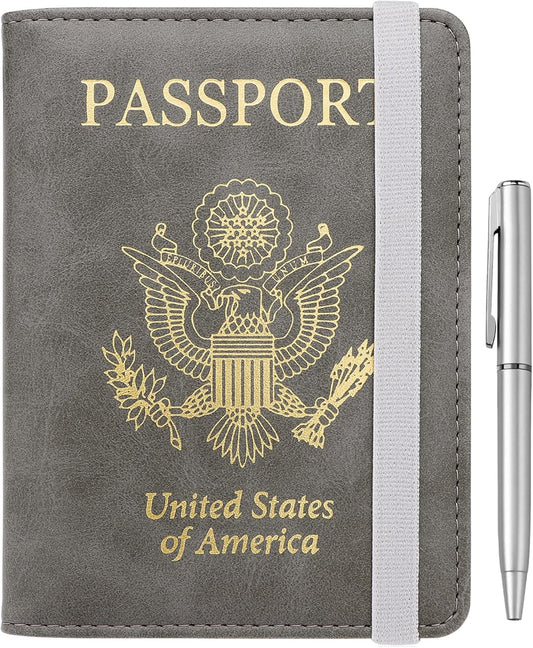 WALNEW Passport Holder for Travel, RFID Passport Cover Wallet for Women Men, PU Leather Passport Book Card Holder Case with Pen, Travelling Essentials for Flying
