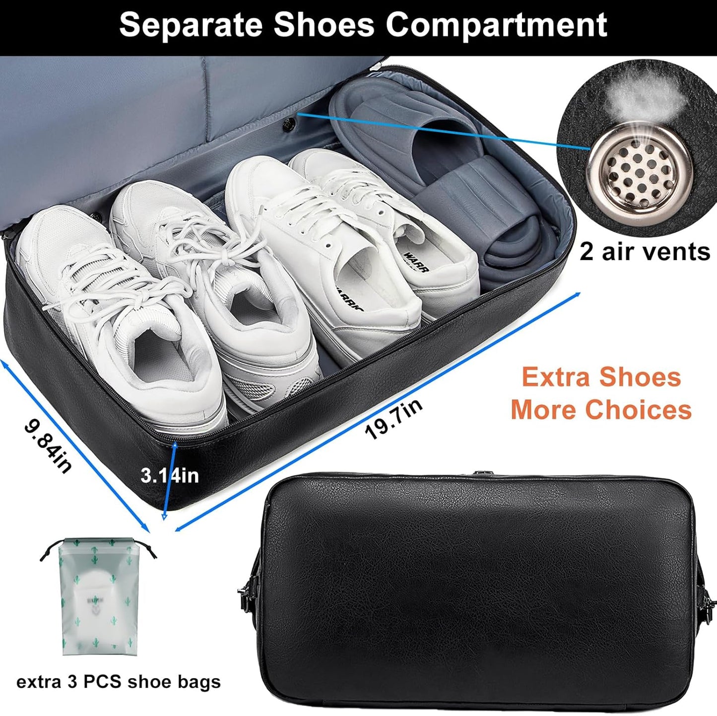 weiatas Faux Leather Travel Duffel Bag for Women Men, Large Weekender Overnight Bag with Shoes