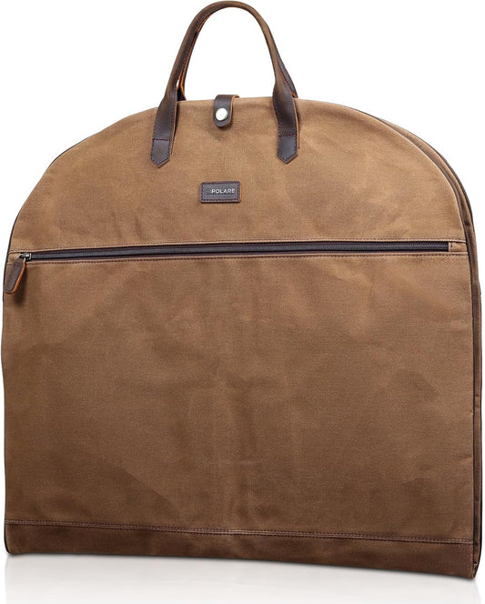 Polare 43” Waxed Canvas Full Grain Leather Trim Carry On Garment Bag for Travel, Waterproof Dust-Proof Foldable Hanging Suitcase Weekender Garment Cover with YKK Zipper