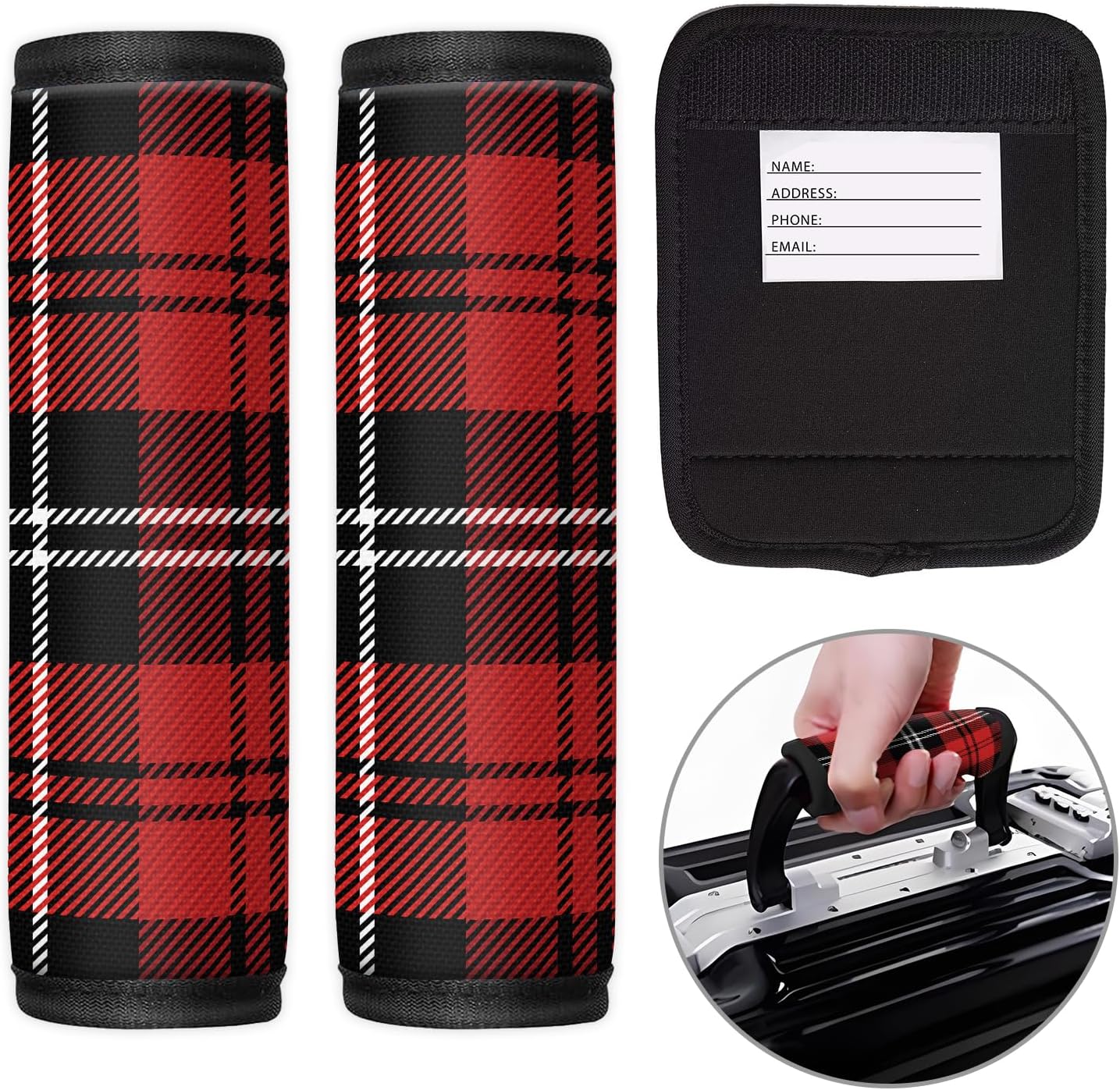 2 Pack Luggage Handle Wrap Travel Tags - Set of Luggage Tags for Suitcases, Identifiers, Marker, and Handle Covers - Cruise Accessories and Travel Gifts（Red Tartan Plaid