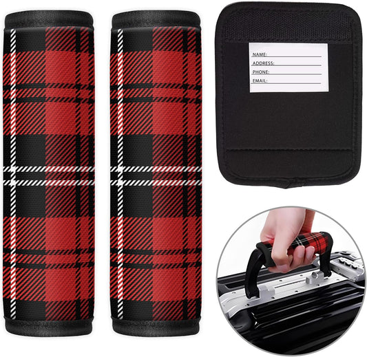 2 Pack Luggage Handle Wrap Travel Tags - Set of Luggage Tags for Suitcases, Identifiers, Marker, and Handle Covers - Cruise Accessories and Travel Gifts（Red Tartan Plaid